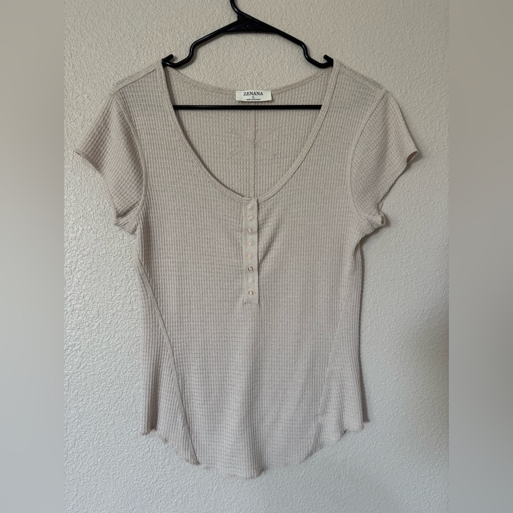 Zenana Cream Waffle Henley Baby Tee Slim Fit Women’s Size Large